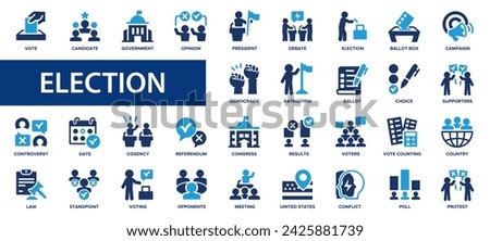 Election flat icons set. Voting, political, vote, democracy, online voting, debate, candidate rating, vote count icons and more signs. Flat icon collection.