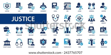 Justice flat icons set. Law, legal, judgment, prison, court, freedom icons and more signs. Flat icon collection.