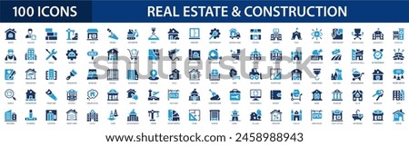 Real estate and Construction flat icons set. Rent, crane, building, agent, architecture, house, worker, land, auction, realtor, property icons and more signs. Flat big icon collection.