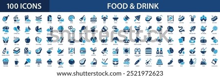 Food and drinks icon set. Meat, menu, fish, meal, restaurant, milk, noodle, soup, bread, egg, cake, sweets, fruits, dishes.