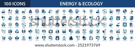 Ecology and green energy icon set. Nature, renewable energy, environment, recycle, solar panel, green electricity, forest, wind power.