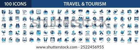 Travel and tourism icon set. Hotel, airplane, trip, beach, passport, camping, summer.