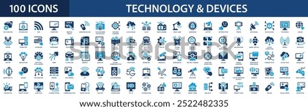 Device and technology icon set. Computer monitor, cloud, 5g, ai, robotics, iot, smartphone, tablet.