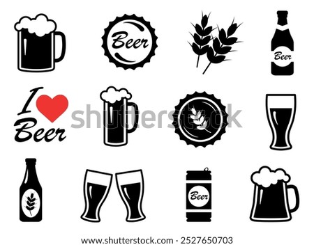 Beer icon set. Bottle, glass, pint, beer can, craft beer, pub, drinking, hop, brewery.