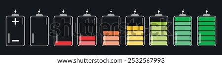 Collection of different battery charge indicators. Discharged and fully charged batteries of different energy levels. Plus, minus, low and high charge level. Illustration isolated on background.