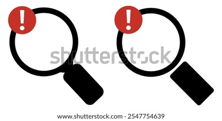 Scanning for viruses. Magnifying glass and red exclamation mark icon. Scanning helps protect your device. Alert, error, alarm, danger.