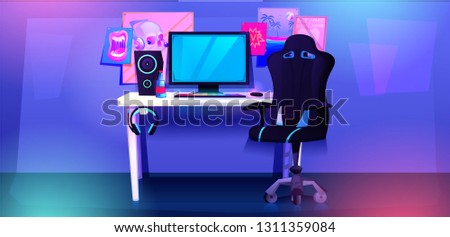 ESports interior banner. Workplace cyber sportsman gamer. A desk with a computer and headphones and a mouse with light and a gamers chair. Vector cartoon illustration