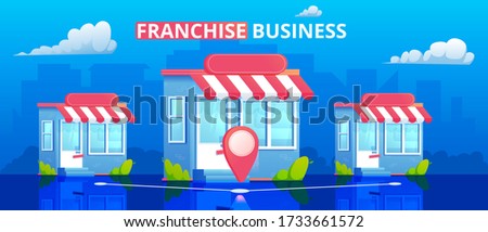 Franchise store vector illustration. Marketing network.Minimal flat banner with building and city on background.