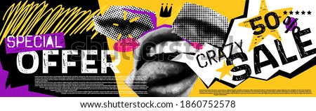 Discounts vector collage grunge banner. Lips and eyes in parted, above them a crown. Crazy 50 percent off. Doodle elements on a retro poster. Stylish modern advertising poster design