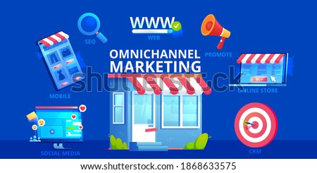 Omnichannel marketing vector banner. Shop and communication with the web version and application, social media and advertising and crm