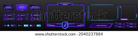 The modern theme for twitch screen panel . The overlay png frame set design template for games streaming. Vector violet and pink futuristic design