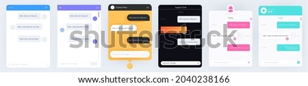 Template for a chat with a bot. The messages with a wireframe. Set of the colorful and neon designs. An online doctor messenger window. Vector isolated collection