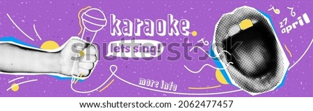 Karaoke banner with grunge collage element. Halftone hand with microphone and mouth. Vector ads template