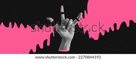 Collage banner with vector halftone effect hand with gesture Rock. Ripped off fingers and sweat. Textured background with abstract space and stars. Psychedelic poster. New Wave. Punk
