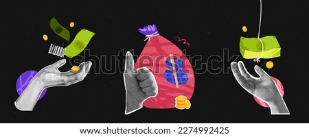 Collage banner with vector halftone effect hand with gesture Rock. Ripped off fingers and sweat. Textured background with abstract space and stars. Psychedelic poster. New Wave. Punk