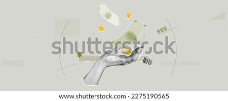 Minimalist collage with halftone-style hands. Punk metaphor composition. Finance-themed banner with money, bag, and barcode. Cutouts  magazines. 