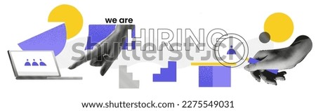 We are Hiring banner. Hands in collage style. Hr looking for employees online in laptop. Abstract background about work. Hand with magnifying glass. Vector illustration.