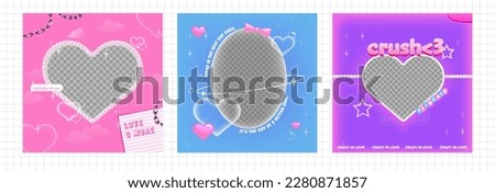 A pack of heart-shaped y2k frames. Vector illustration for social media photo. Metal chain and pearls and soft aura glow. Korean style banner design. 