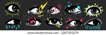 A pack of eyes cut out as if from a magazine. An isolated look. Vector halftone elements for collage with different emotions and doodles. Angry look, with lightning bolts, in love with hearts. 