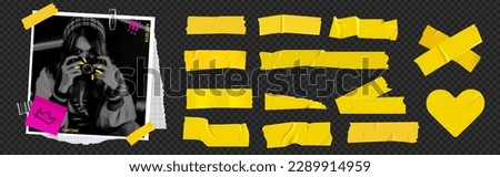Yellow duct tape for photo collage. Bright scotch tape for the frame. Collage frame with girl's photo, barcode, paper clip and stickers and torn paper. Vector elements. 
