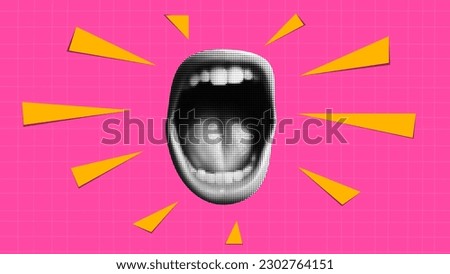 Punk collage. Halftone-style mouth open in a scream. Triangles fly out of it like an abstract sound. Bright red checkered background. Grunge y2k vector banner.