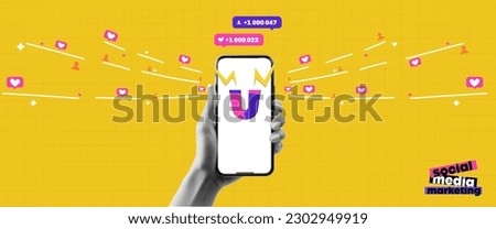 Trendy collage banner. With the hand that holds the phone. Advertising attracts subscribers. Blogger. Smm marketing. Attracting users. The sales funnel. Vector pop art illustration. 
