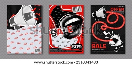 Poster set with collages. Punk pop art with megaphones and mouths. Halftone-inspired paper cutout elements. Barcodes and stickers on textured backgrounds for flyers. Vector illustration.