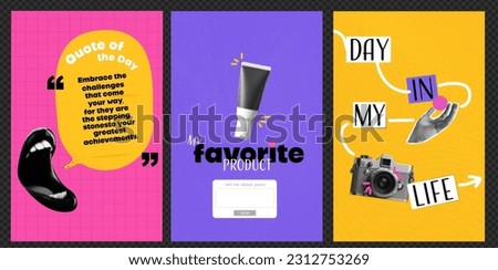 A set of templates for social media posts. Open Mouth with Quote of the Day. My favorite product. A day in my life. Ideas for content. Vector collage style. With yellow and pink and purple colors