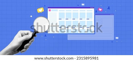 A collage on the subject of seo. Contemporary composition with a hand holding a magnifying glass and searching the website. Attracting new users and likes. Vector background design with landing pages