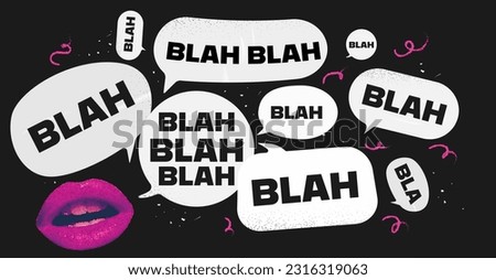 Collage poster. Doodles chalked up on a blackboard. Spitballs with blah blah text. Beautiful woman's lips cut out of paper. Vector illustration. Modern vintage pop art. 