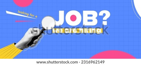 We are Hiring banner. Hand in collage style. Hr looking for employees online with magnifying glass . Abstract background about work. Grid blue paper with yelliow and pink and white shapes. Vector.