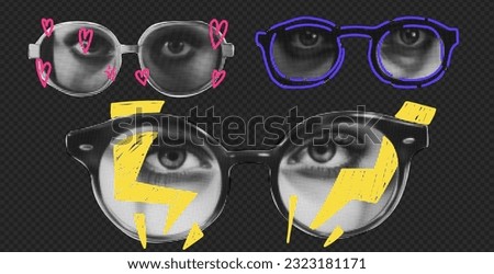 Set with trendy collage elements. Women's and men's eyes in halftone style glasses. With bright doodles of hearts and lightning bolts and a line. Vector illustration. 