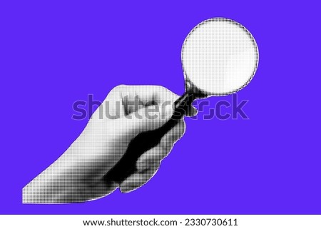 Collage on the theme of seo. Modern elements with a hand holding a magnifying glass. Trendy shapes. Vector purple background.