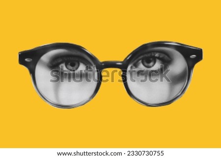 trendy elements. Women's  eyes in halftone style glasses. Vector illustration in retro style for collage