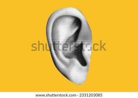 A cut out ear from a magazine. Isolated as png format. Vector halftone elements for collage on yellow background.