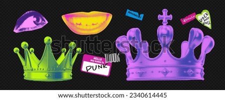 Set of acidly brightly colored collage crowns with colorful rock stikers. Punk design halftone elements. Smile mouth and eyes. Vector vibrant illustration on transparent background
