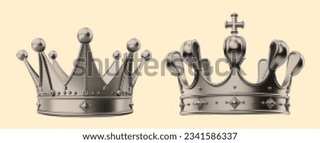 A set of black and white vintage crowns in halftone effect. Elements for collage. Dadaism style. Vector trendy illustration from 3d. 