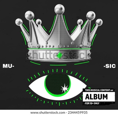 Music album cover. Punk music. crown with eye and doodles. Acid green and black. Rave party royalty. Halftone vector illustration