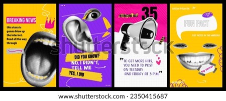 A set of storis on the topic of SMM. Breaking news, seo and interesting fun fact. With collages with mouth and ear and smile. Vector trendy illustration. 