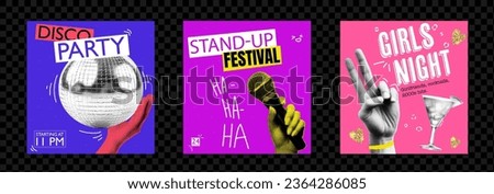 Social media template design for party announcement and standup concert and girls night.  trendy vector illustration