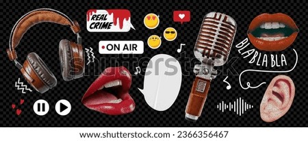 A grunge set of collage elements on the theme of a true-crime podcast. Speech bubble, ear and lips. Trendy illustration with likes on transparent background as png. 