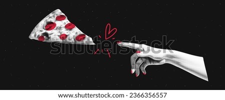 The hand reaches for the pizza. A modern trendy illustration. Halftone effect collage with colorful doodles. Vector banner on noisy background. 