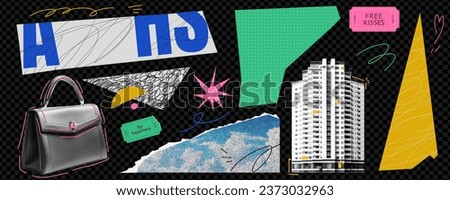 A kit with halftone style collage elements. Various shapes cut out of a magazine. Vector trendy illustration with bright vibrant doodles and stickers 