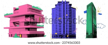 Kit with collage elements of houses in halftone style. Skyscrapers cut out from magazine with colorful doodles on white textured background. Vector trendy illustration 
