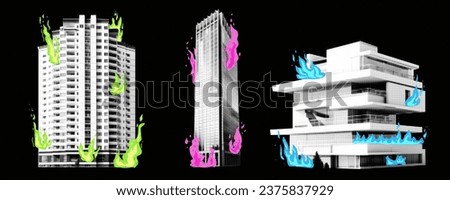 Kit with collage elements of houses in halftone style. Skyscrapers cut out from magazine with colorful fire doodles on transparent background. Vector trendy illustration 