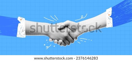 A collage banner with a handshake theme. Women's hands make a deal. Handling halftone effect with doodles on blue checkered background with hand drawn texture. Vector trendy  illustration 