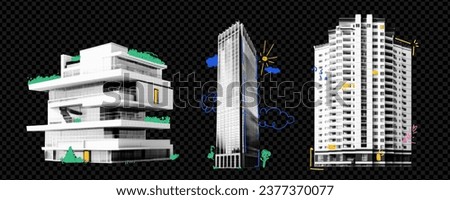 Kit with collage elements of houses in halftone style. Skyscrapers cut out from magazine with colorful doodles on transparent background. Vector trendy illustration 
