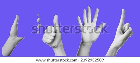 Collage element with hands and cutout shape and doodle element. Vintage vector set. Retro dots halftone effect. The gesture of like, high five, hold phone on purple background.