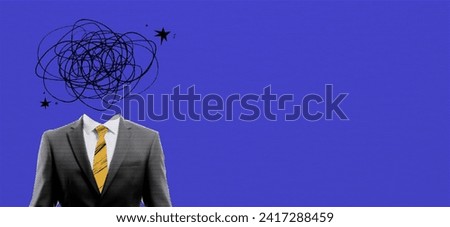 Retro concept collage with depression businessman in suit on halftone  effect style. Pop art with doodle elements. Paper blue background for design. Vector illustration.