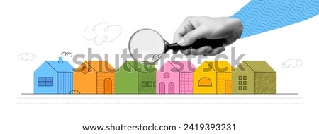 A banner on the topic of renting and buying real estate. Popart collage for realtor. Vector trendy illustration with houses and a hand holding a magnifying glass. 